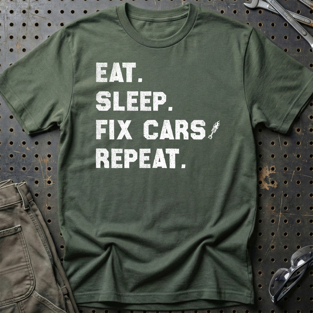 
Eat Sleep Fix Cars Repeat T-Shirt – Grøn Militær