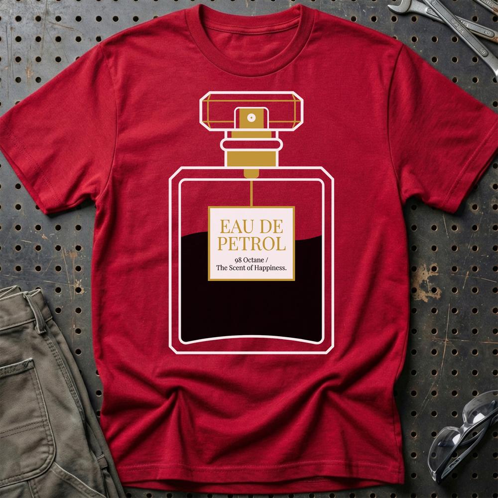 Eau de Benzin - Duften Af Lykke T-Shirt-Beklædning-Garage Culture-Rød-S-Garage Culture Shop- garage - man cave - merchandise