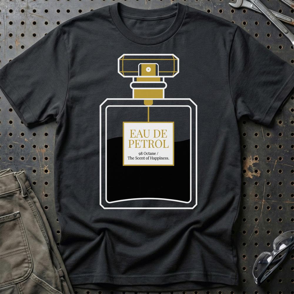 Eau de Benzin - Duften Af Lykke T-Shirt-Beklædning-Garage Culture-Sort-S-Garage Culture Shop- garage - man cave - merchandise