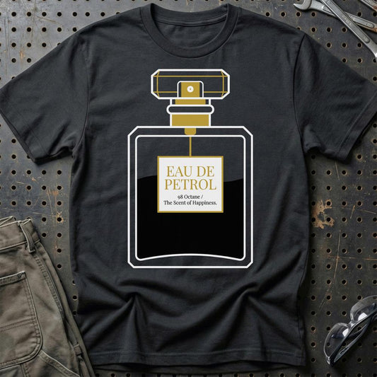Eau de Benzin – Duften Af Lykke - Unisex T-Shirt , Bomuld-Beklædning-Garage Culture-Sort-S-Garage Culture Shop- garage - man cave - merchandise