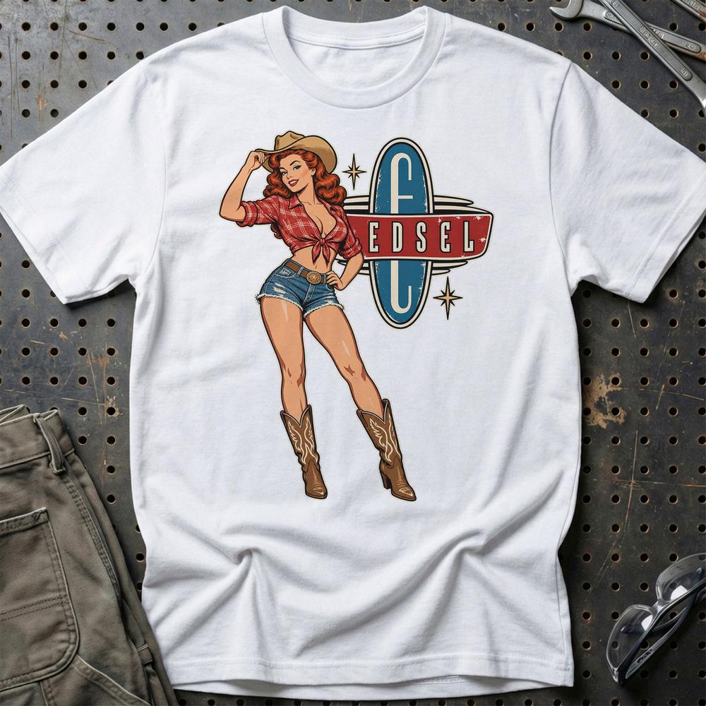 Edsel Cowboy Pinup T-Shirt-Beklædning-Edsel-Hvid-S-Garage Culture Shop- garage - man cave - merchandise
