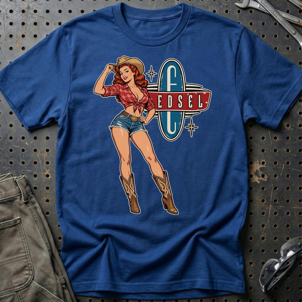 Edsel Cowboy Pinup T-Shirt-Beklædning-Edsel-Blå Royal-S-Garage Culture Shop- garage - man cave - merchandise