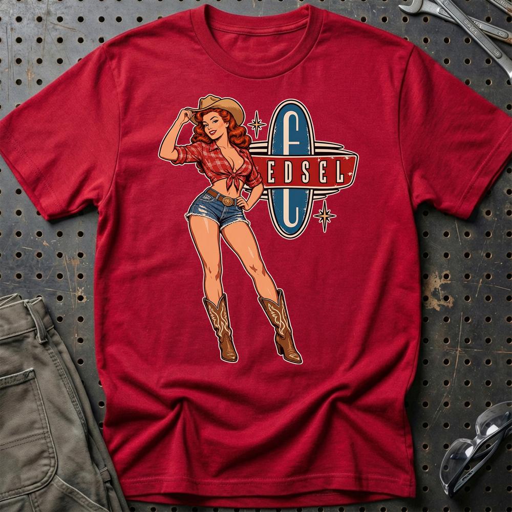 Edsel Cowboy Pinup T-Shirt-Beklædning-Edsel-Rød-S-Garage Culture Shop- garage - man cave - merchandise