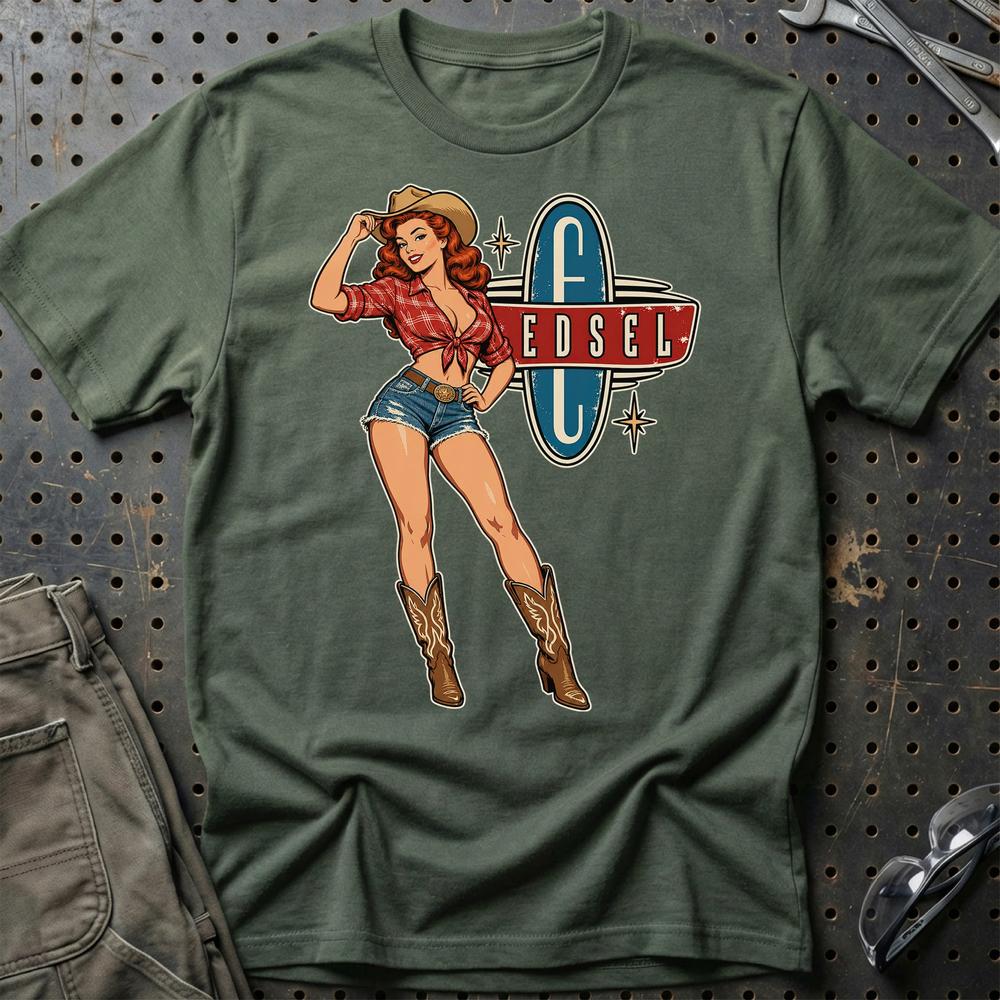 Edsel Cowboy Pinup T-Shirt-Beklædning-Edsel-Grøn Militær-S-Garage Culture Shop- garage - man cave - merchandise