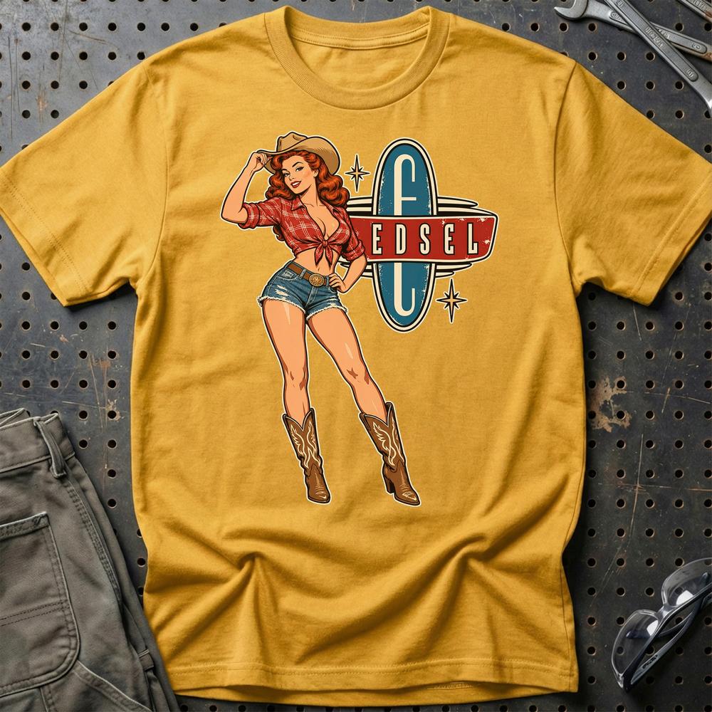 Edsel Cowboy Pinup T-Shirt-Beklædning-Edsel-Guld-S-Garage Culture Shop- garage - man cave - merchandise