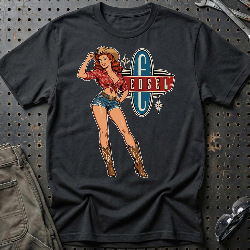 Edsel Cowboy Pinup T-Shirt-Beklædning-Edsel-Sort-S-Garage Culture Shop- garage - man cave - merchandise