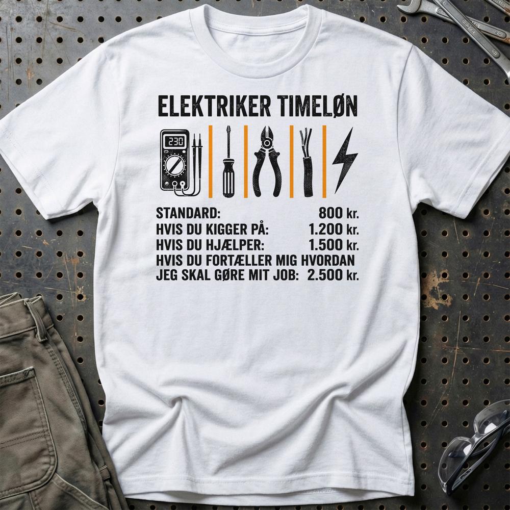 Elektriker Timeløn - Unisex T-Shirt , Bomuld-Beklædning-Garage Culture-Hvid-S-Garage Culture Shop- garage - man cave - merchandise
