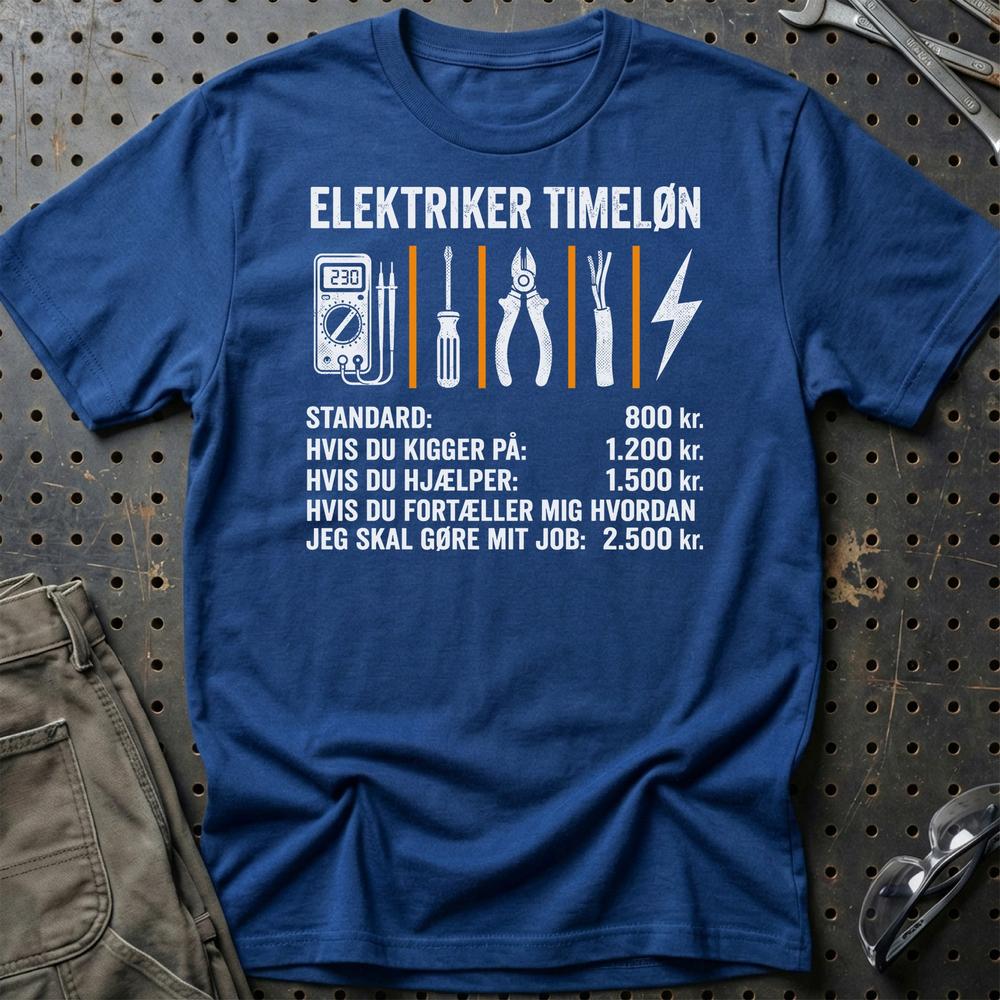 Elektriker Timeløn - Unisex T-Shirt , Bomuld-Beklædning-Garage Culture-Blå Royal-S-Garage Culture Shop- garage - man cave - merchandise