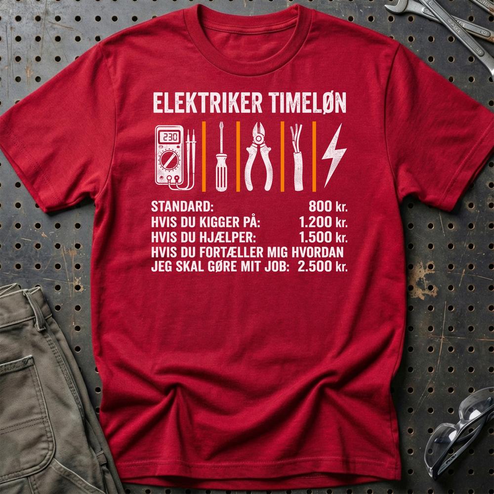 Elektriker Timeløn - Unisex T-Shirt , Bomuld-Beklædning-Garage Culture-Rød-S-Garage Culture Shop- garage - man cave - merchandise