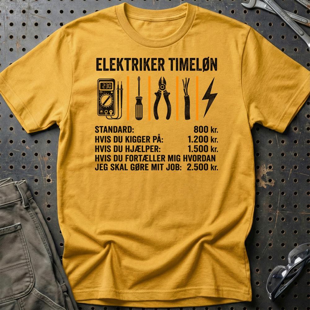 Elektriker Timeløn - Unisex T-Shirt , Bomuld-Beklædning-Garage Culture-Guld-S-Garage Culture Shop- garage - man cave - merchandise