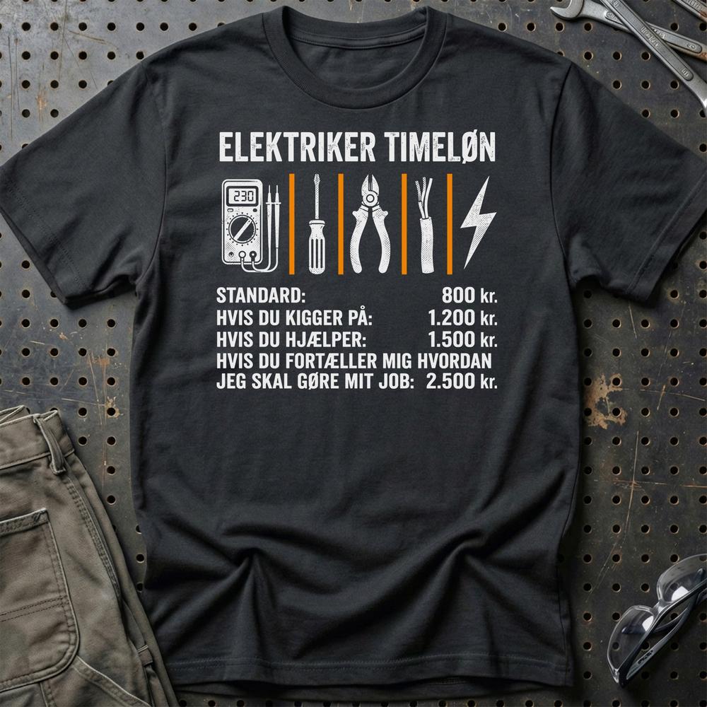 Elektriker Timeløn - Unisex T-Shirt , Bomuld-Beklædning-Garage Culture-Sort-S-Garage Culture Shop- garage - man cave - merchandise