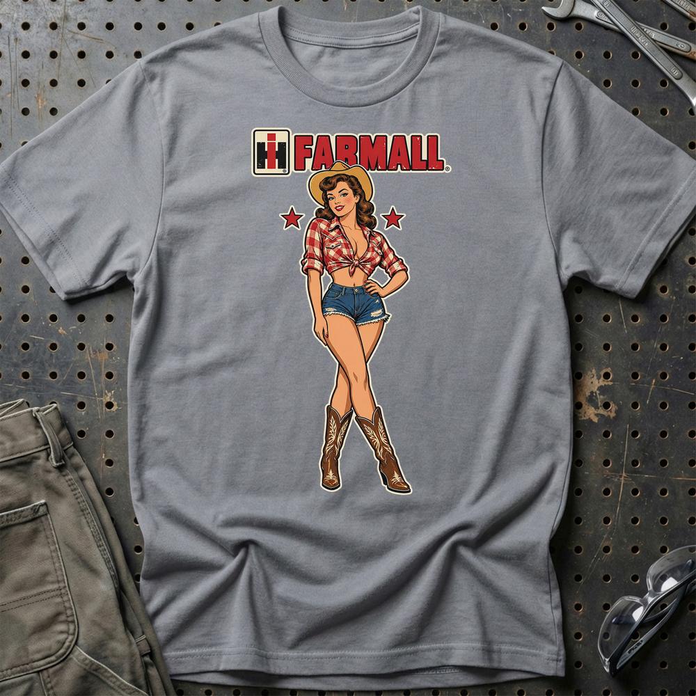 Farmall Cowboy Pinup T-Shirt-Beklædning-Farmall-Grå Sport-S-Garage Culture Shop- garage - man cave - merchandise