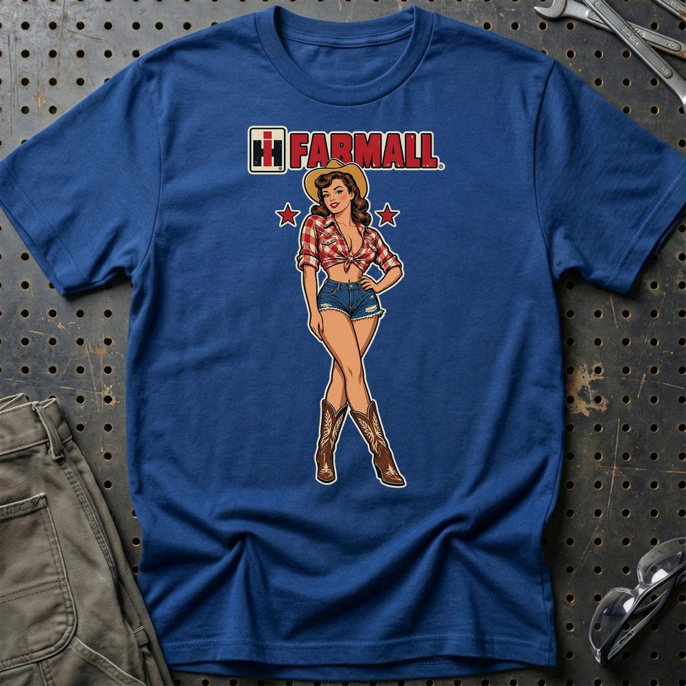 Farmall Cowboy Pinup T-Shirt-Beklædning-Farmall-Blå Royal-S-Garage Culture Shop- garage - man cave - merchandise