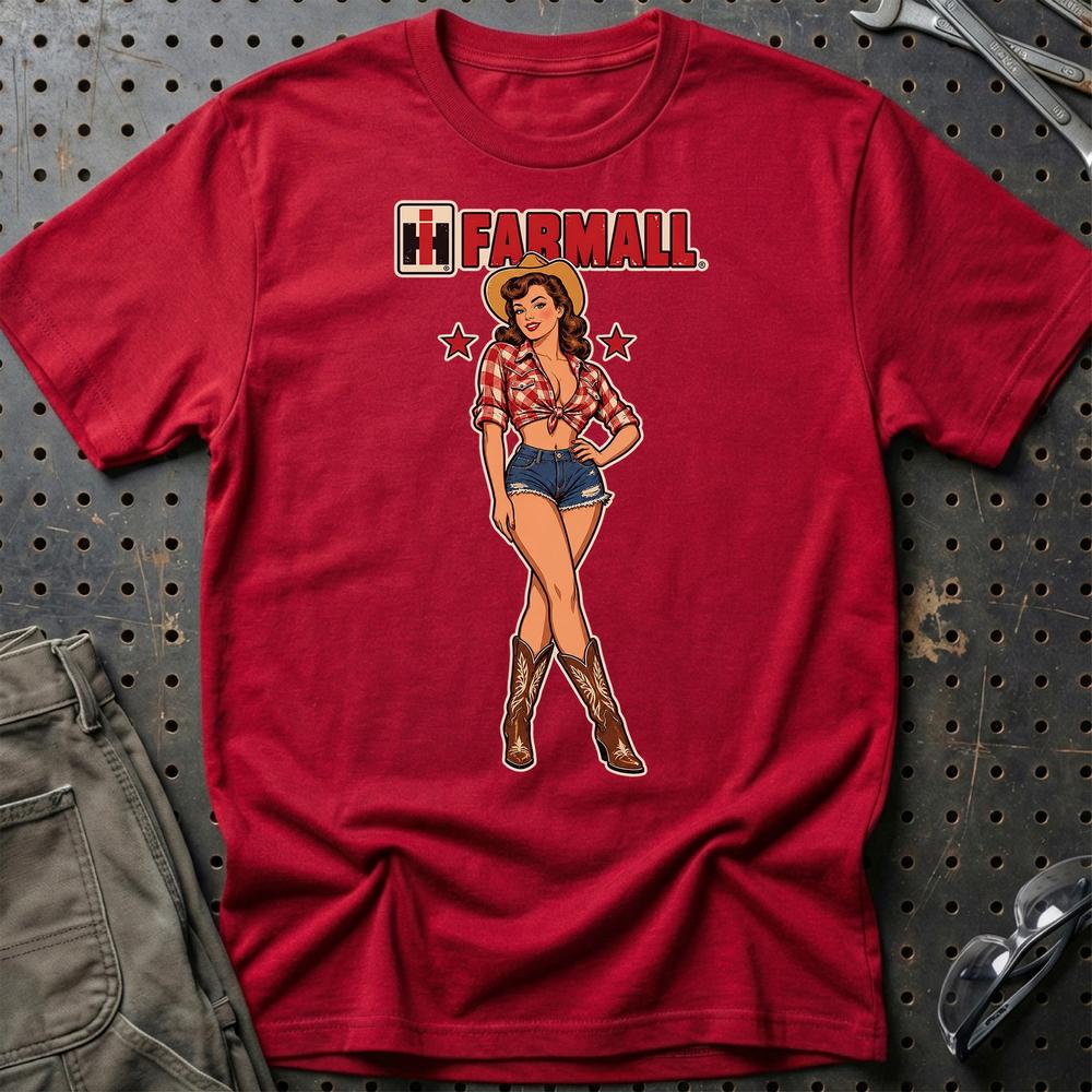 Farmall Cowboy Pinup T-Shirt-Beklædning-Farmall-Rød-S-Garage Culture Shop- garage - man cave - merchandise