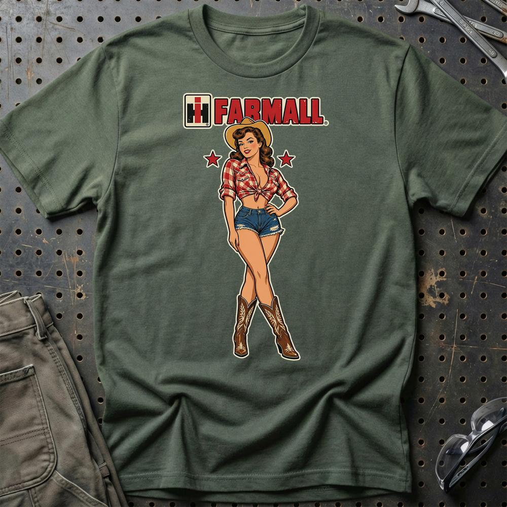Farmall Cowboy Pinup T-Shirt-Beklædning-Farmall-Grøn Militær-S-Garage Culture Shop- garage - man cave - merchandise
