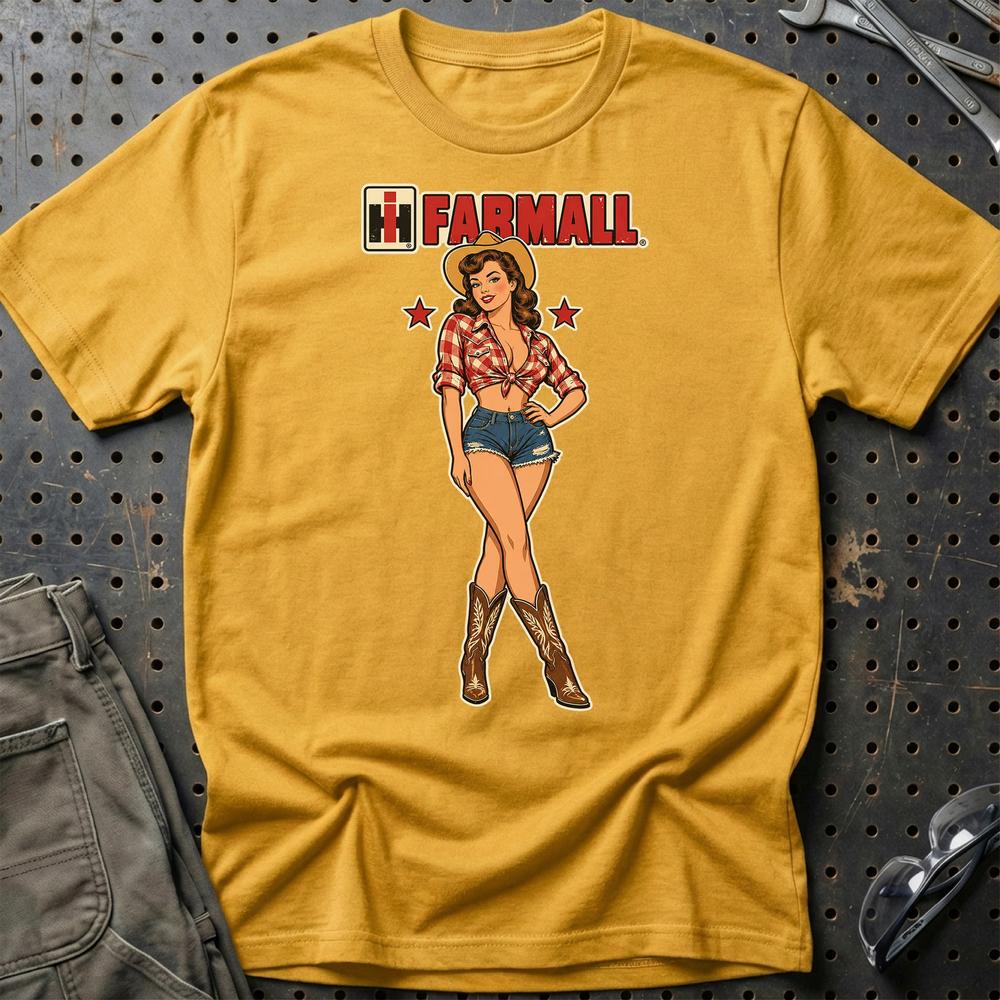 Farmall Cowboy Pinup T-Shirt-Beklædning-Farmall-Guld-S-Garage Culture Shop- garage - man cave - merchandise