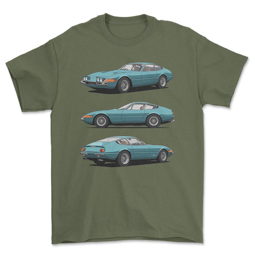 Ferrari 365 GTB/4 Daytona Berlinetta1972 - Unisex T-Shirt-Beklædning-Ferrari-Grøn Militær-S-Forside-Garage Culture Shop- garage - man cave - merchandise