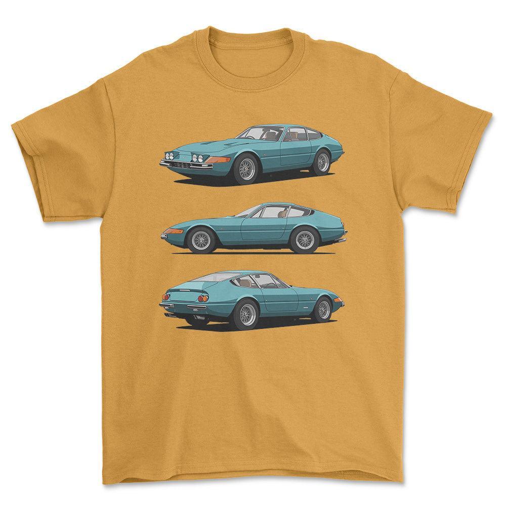 Ferrari 365 GTB/4 Daytona Berlinetta1972 - Unisex T-Shirt-Beklædning-Ferrari-Guld-S-Forside-Garage Culture Shop- garage - man cave - merchandise