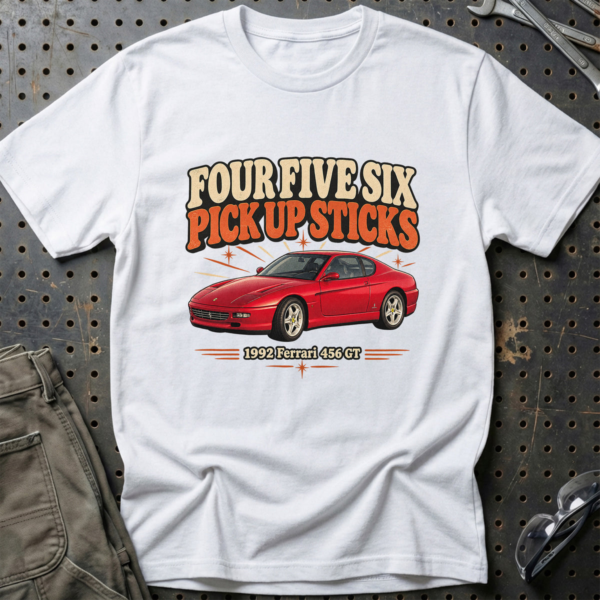 
Ferrari 456 GT 1992 – Four Five Six Pick Up Sticks T-Shirt – Hvid