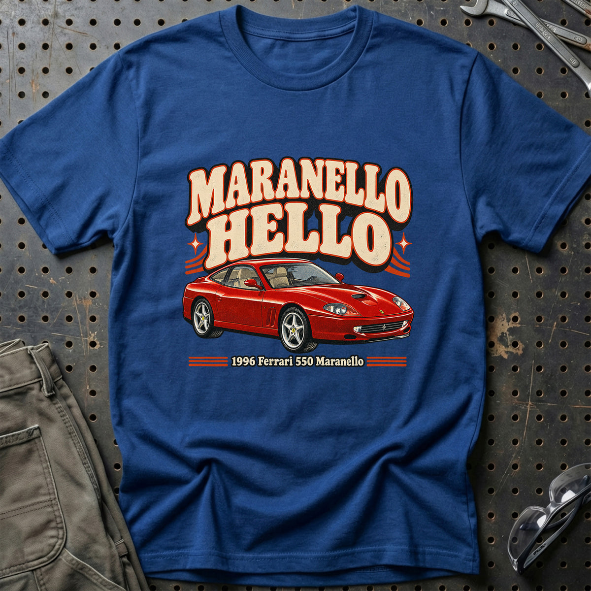 
Ferrari 550 Maranello 1996 – Maranello Hello T-Shirt – Blå Royal