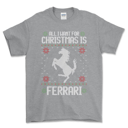 Ferrari - All I Want For Christmas - Unisex T-Shirt , Bomuld-Beklædning-Ferrari-Grå Sport-S-Forside-Garage Culture Shop- garage - man cave - merchandise