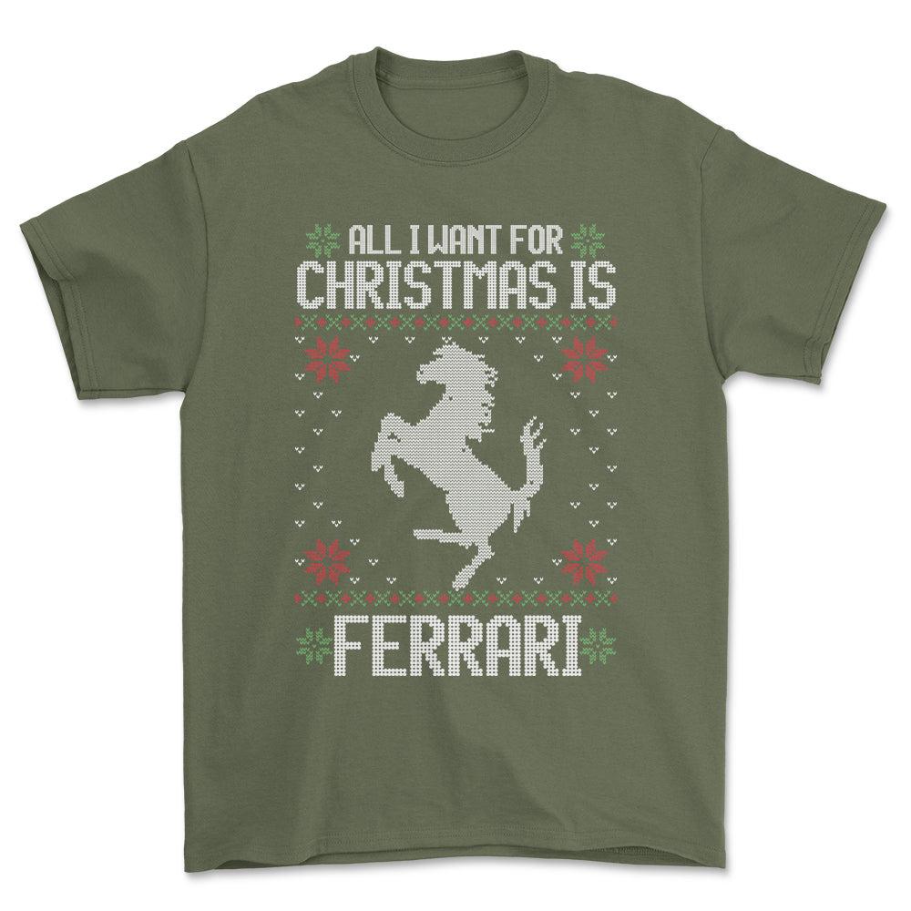 Ferrari - All I Want For Christmas - Unisex T-Shirt , Bomuld-Beklædning-Ferrari-Grøn Militær-S-Forside-Garage Culture Shop- garage - man cave - merchandise