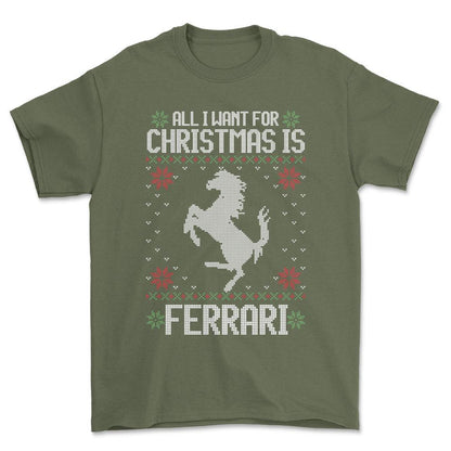 Ferrari - All I Want For Christmas - Unisex T-Shirt , Bomuld-Beklædning-Ferrari-Grøn Militær-S-Forside-Garage Culture Shop- garage - man cave - merchandise