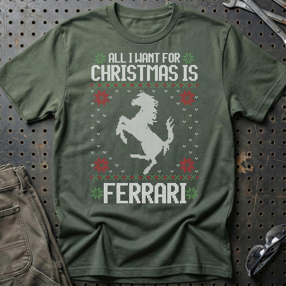 Ferrari - All I Want For Christmas - Unisex T-Shirt , Bomuld-Beklædning-Ferrari-Grøn Militær-S-Garage Culture Shop- garage - man cave - merchandise