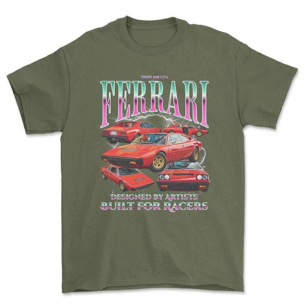 Ferrari Dino 308 GT4 - Bootleg Style Unisex T-Shirt , Bomuld-Beklædning-Ferrari-Grøn Militær-S-Forside-Garage Culture Shop- garage - man cave - merchandise