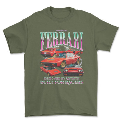 Ferrari Dino 308 GT4 - Bootleg Style Unisex T-Shirt , Bomuld-Beklædning-Ferrari-Grøn Militær-S-Forside-Garage Culture Shop- garage - man cave - merchandise