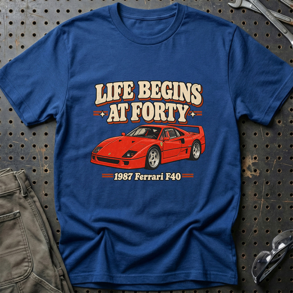 
Ferrari F40 1987 – Life Begins at Forty T-Shirt – Blå Royal