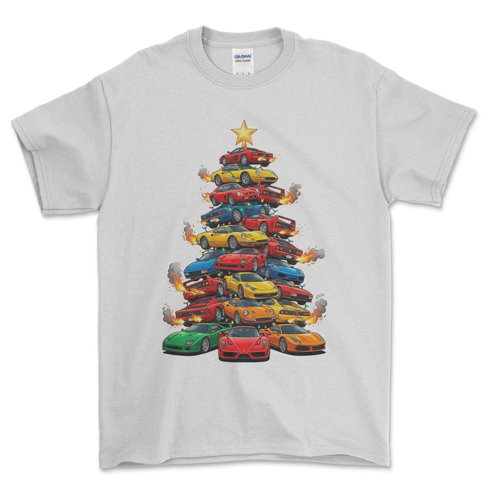 Ferrari Juletræ Christmas Tree - Unisex T-Shirt-Beklædning-Ferrari-Hvid-S-Forside-Garage Culture Shop- garage - man cave - merchandise