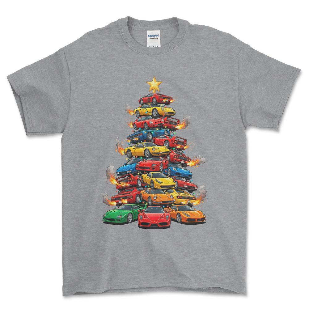 Ferrari Juletræ Christmas Tree - Unisex T-Shirt-Beklædning-Ferrari-Grå Sport-S-Forside-Garage Culture Shop- garage - man cave - merchandise