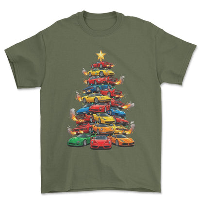Ferrari Juletræ Christmas Tree - Unisex T-Shirt-Beklædning-Ferrari-Grøn Militær-S-Forside-Garage Culture Shop- garage - man cave - merchandise
