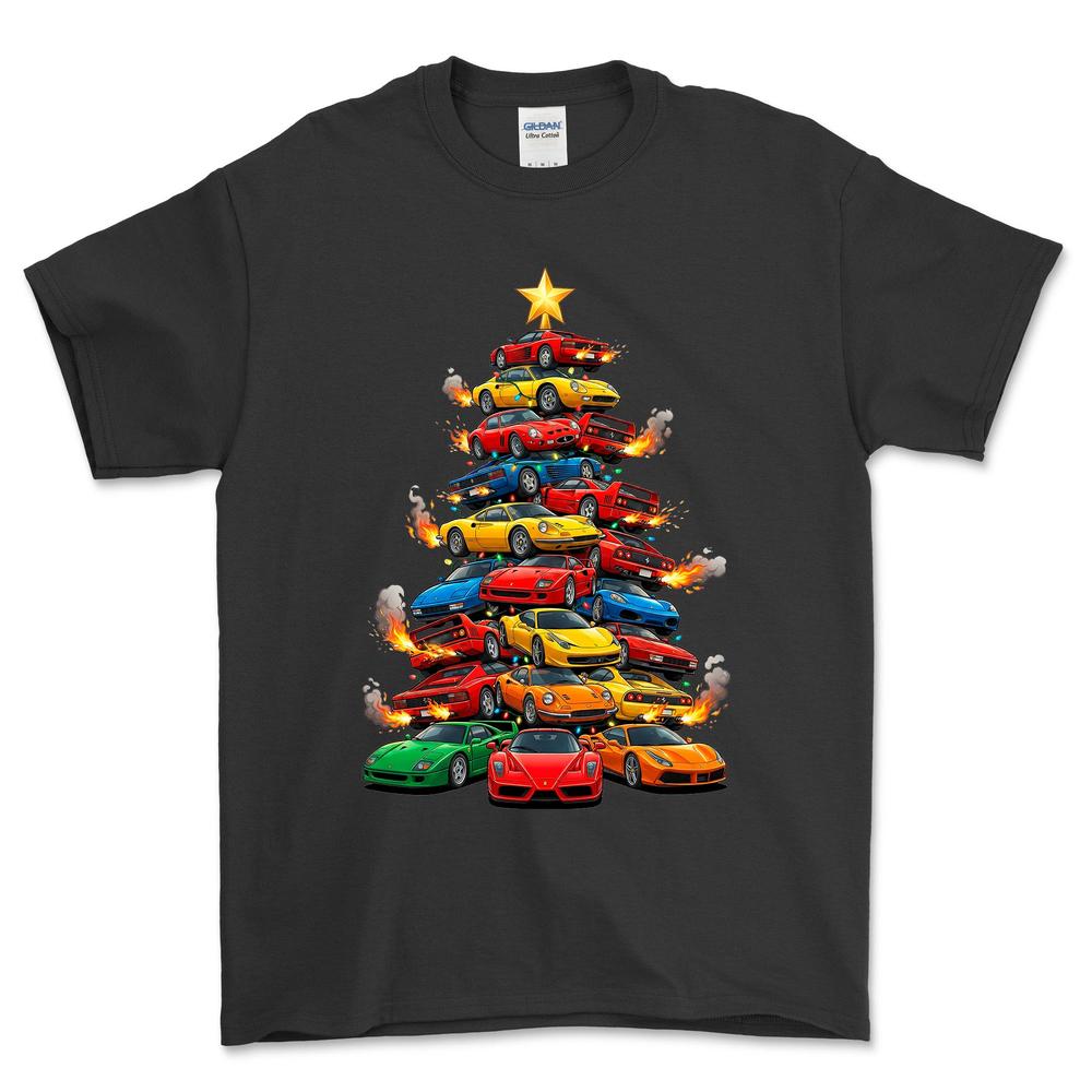 Ferrari Juletræ Christmas Tree - Unisex T-Shirt-Beklædning-Ferrari-Sort-S-Forside-Garage Culture Shop- garage - man cave - merchandise