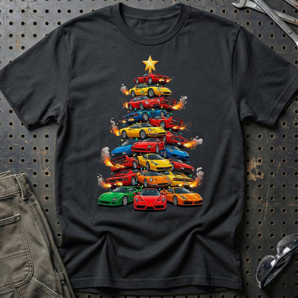 Ferrari Juletræ Christmas Tree - Unisex T-Shirt-Beklædning-Ferrari-Sort-S-Garage Culture Shop- garage - man cave - merchandise