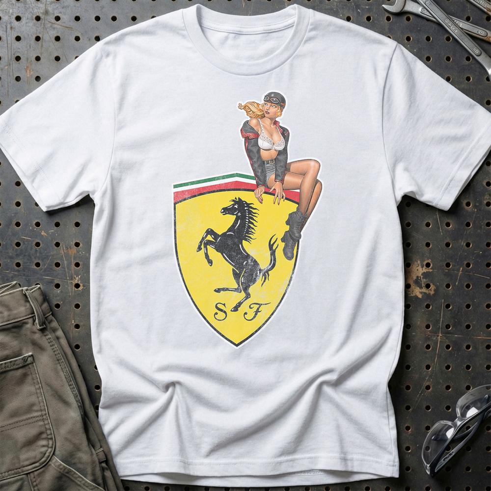 Ferrari Pinup T-Shirt-Beklædning-Ferrari-Hvid-S-Garage Culture Shop- garage - man cave - merchandise