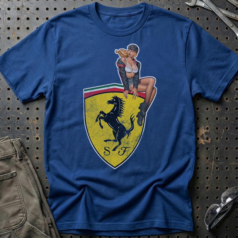 Ferrari Pinup T-Shirt-Beklædning-Ferrari-Blå Royal-S-Garage Culture Shop- garage - man cave - merchandise