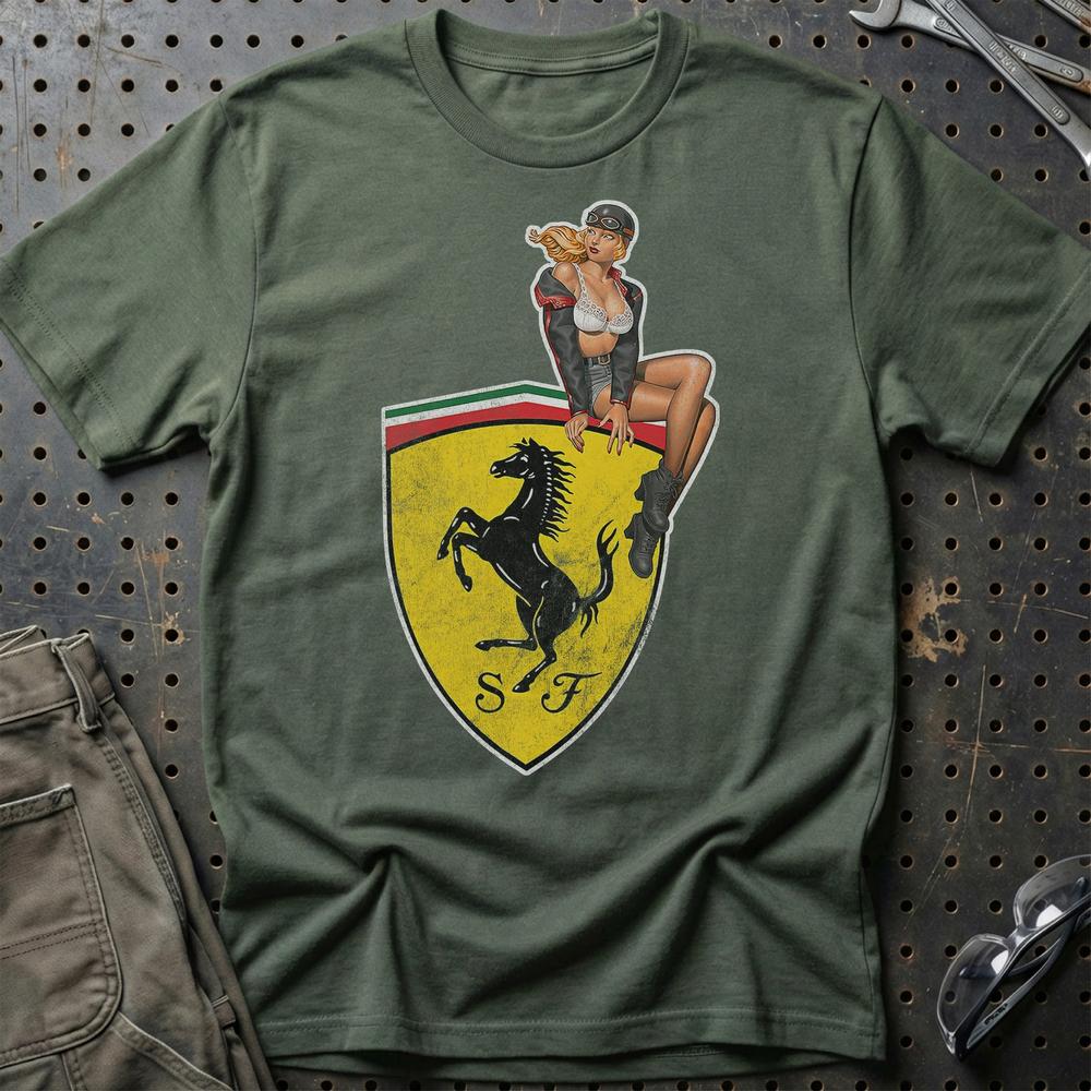 Ferrari Pinup T-Shirt-Beklædning-Ferrari-Grøn Militær-S-Garage Culture Shop- garage - man cave - merchandise