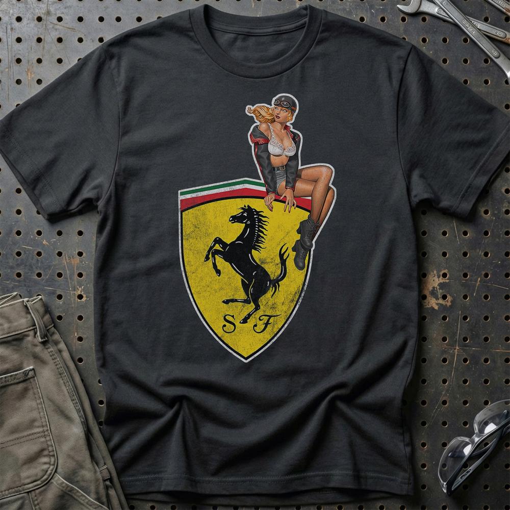 Ferrari Pinup - Unisex T-Shirt , Bomuld-Beklædning-Ferrari-Sort-S-Garage Culture Shop- garage - man cave - merchandise