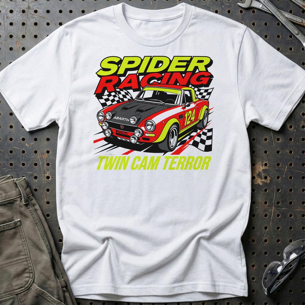 Fiat 124 Spider Abarth Spider Racing Twin Cam Terror T-Shirt-Beklædning-Fiat-Hvid-S-Garage Culture Shop- garage - man cave - merchandise