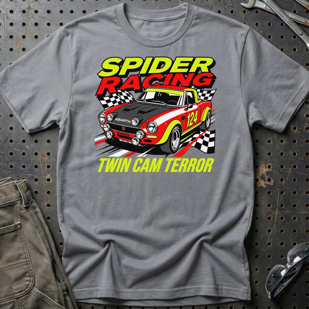 Fiat 124 Spider Abarth Spider Racing Twin Cam Terror T-Shirt-Beklædning-Fiat-Grå Sport-S-Garage Culture Shop- garage - man cave - merchandise