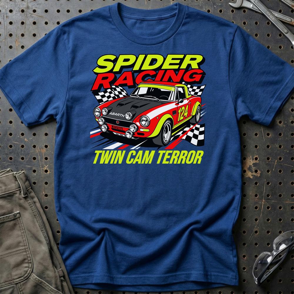 Fiat 124 Spider Abarth Spider Racing Twin Cam Terror T-Shirt-Beklædning-Fiat-Blå Royal-S-Garage Culture Shop- garage - man cave - merchandise