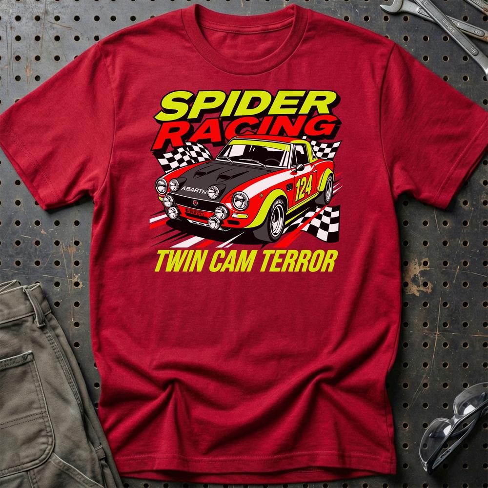Fiat 124 Spider Abarth Spider Racing Twin Cam Terror T-Shirt-Beklædning-Fiat-Rød-S-Garage Culture Shop- garage - man cave - merchandise