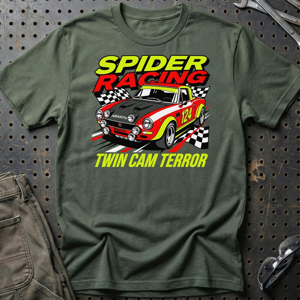 Fiat 124 Spider Abarth Spider Racing Twin Cam Terror T-Shirt-Beklædning-Fiat-Grøn Militær-S-Garage Culture Shop- garage - man cave - merchandise