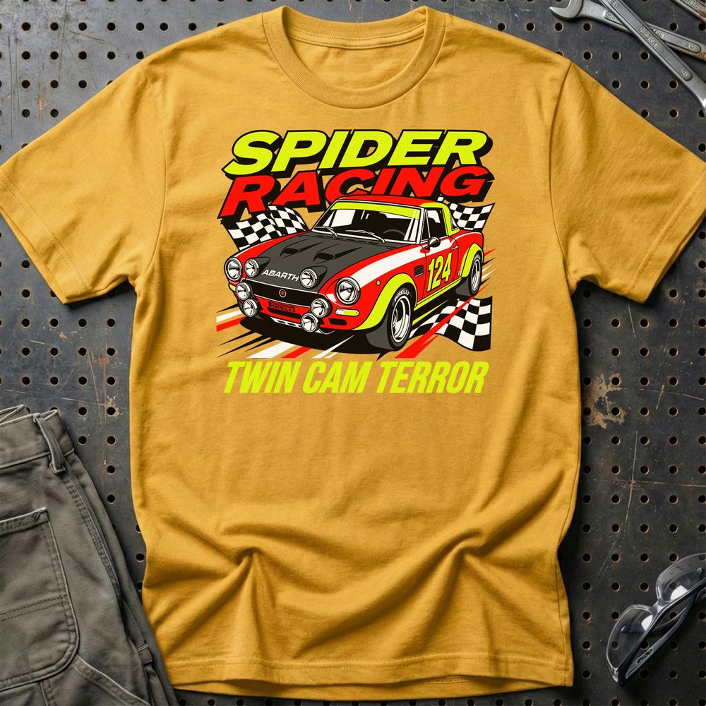 Fiat 124 Spider Abarth Spider Racing Twin Cam Terror T-Shirt-Beklædning-Fiat-Guld-S-Garage Culture Shop- garage - man cave - merchandise