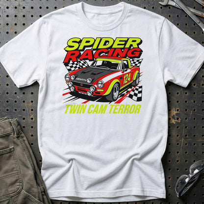 Fiat 124 Spider Abarth Spider Racing Twin Cam Terror - Unisex T-Shirt-Beklædning-Fiat-Hvid-S-Garage Culture Shop- garage - man cave - merchandise
