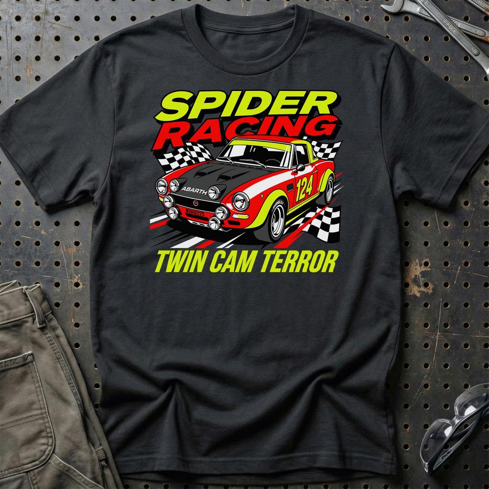 Fiat 124 Spider Abarth Spider Racing Twin Cam Terror - Unisex T-Shirt-Beklædning-Fiat-Sort-S-Garage Culture Shop- garage - man cave - merchandise