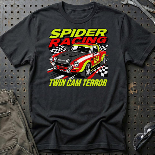 Fiat 124 Spider Abarth Spider Racing Twin Cam Terror - Unisex T-Shirt-Beklædning-Fiat-Sort-S-Garage Culture Shop- garage - man cave - merchandise