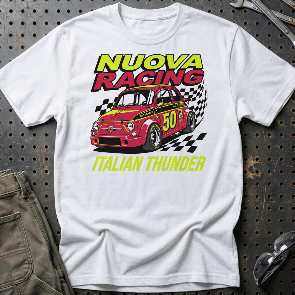 Fiat 500 Abarth Nuova Racing Italian Thunder T-Shirt-Beklædning-Fiat-Hvid-S-Garage Culture Shop- garage - man cave - merchandise